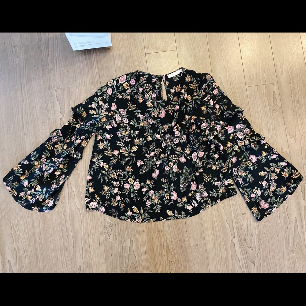 LUSH Black Floral Ruffle Long Sleeve Blouse